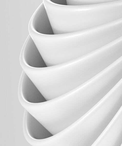 Abstrakte Nahaufnahme einer weißen, spiralförmig gefalteten Oberfläche.